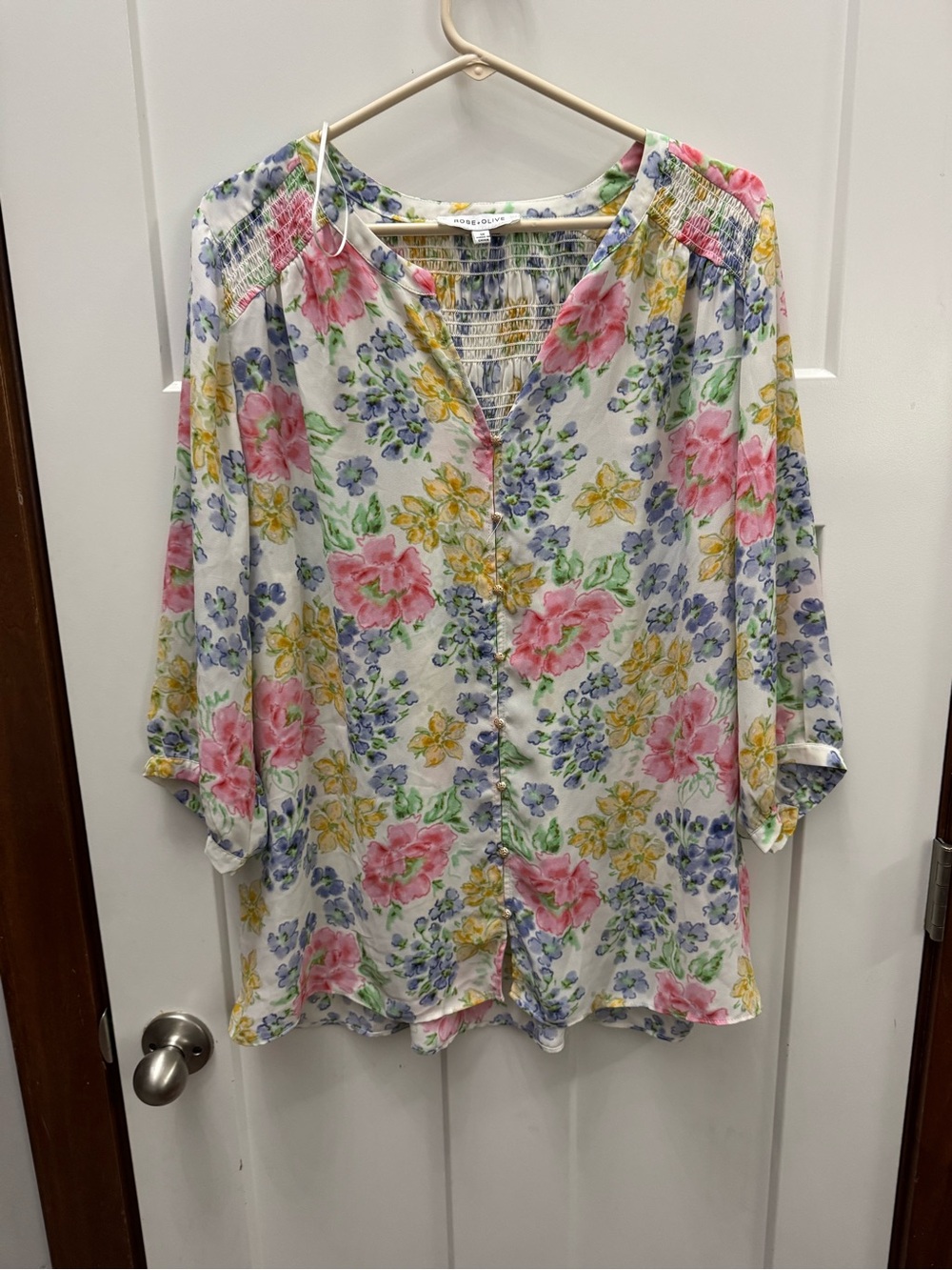 Floral Button-Front Women's Top - White with Pink, Yellow & Blue Flowers